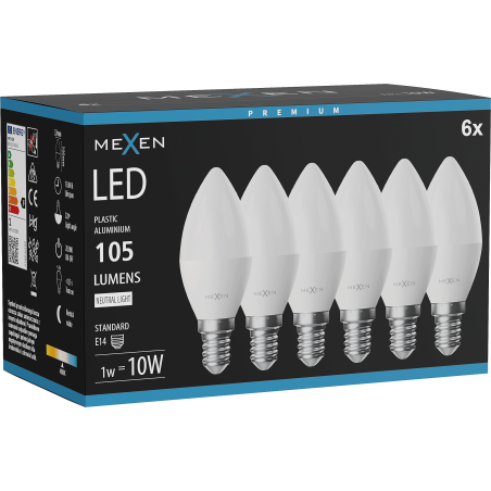 Mexen Nova 6x LED žárovka E14, C37, 1W, Neutrální - 4000K, 105 lm - L102-E14-0140-01x06
