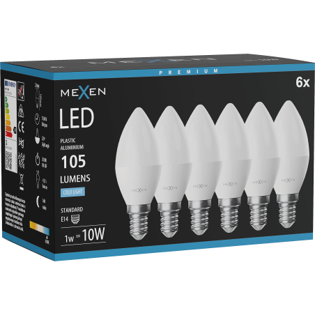 Mexen Nova 6x LED žárovka E14, C37, 1W, Studená - 6500K, 105 lm - L102-E14-0165-01x06