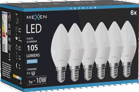 Mexen Nova 6x LED žárovka E14, C37, 1W, Studená - 6500K, 105 lm - L102-E14-0165-01x06