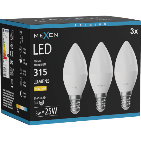 Mexen Nova 3x LED žárovka E14, C37, 3W, Teplá - 3000K, 315 lm - L102-E14-0330-01x03