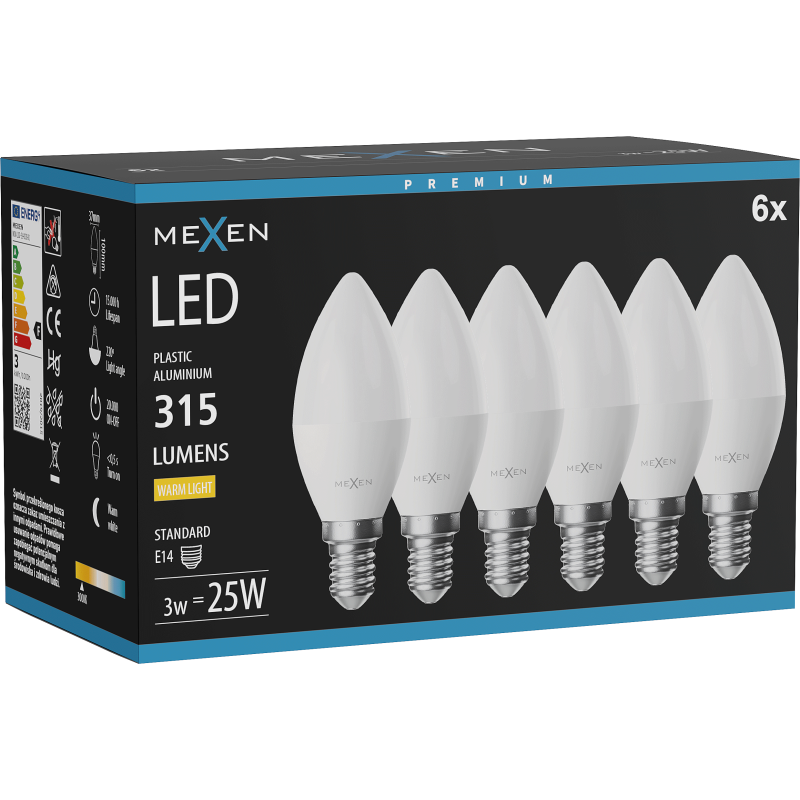 Mexen Nova 6x LED žárovka E14, C37, 3W, Teplá - 3000K, 315 lm - L102-E14-0330-01x06