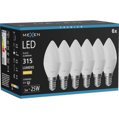 Mexen Nova 6x LED žárovka E14, C37, 3W, Teplá - 3000K, 315 lm - L102-E14-0330-01x06