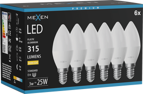 Mexen Nova 6x LED žárovka E14, C37, 3W, Teplá - 3000K, 315 lm - L102-E14-0330-01x06