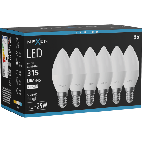 Mexen Nova 6x LED žárovka E14, C37, 3W, Neutrální - 4000K, 315 lm - L102-E14-0340-01x06