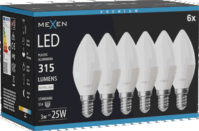 Mexen Nova 6x LED žárovka E14, C37, 3W, Neutrální - 4000K, 315 lm - L102-E14-0340-01x06