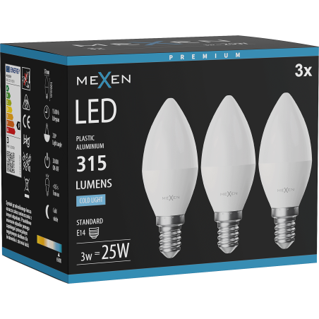 Mexen Nova 3x LED žárovka E14, C37, 3W, Studená - 6500K, 315 lm - L102-E14-0365-01x03