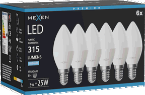 Mexen Nova 6x LED žárovka E14, C37, 3W, Studená - 6500K, 315 lm - L102-E14-0365-01x06