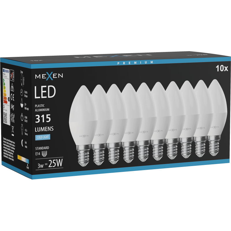 Mexen Nova 10x Žárovka LED E14, C37, 3W, Studená - 6500K, 315 lm - L102-E14-0365-01x10