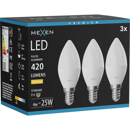 Mexen Nova 3x LED žárovka E14, C37, 4W, Teplá - 3000K, 420 lm - L102-E14-0430-01x03