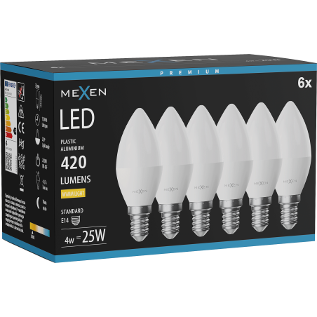 Mexen Nova 6x LED žárovka E14, C37, 4W, Teplá - 3000K, 420 lm - L102-E14-0430-01x06