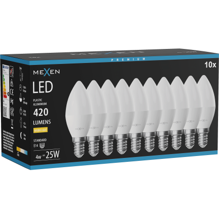 Mexen Nova 10x LED žárovka E14, C37, 4W, Teplá - 3000K, 420 lm - L102-E14-0430-01x10