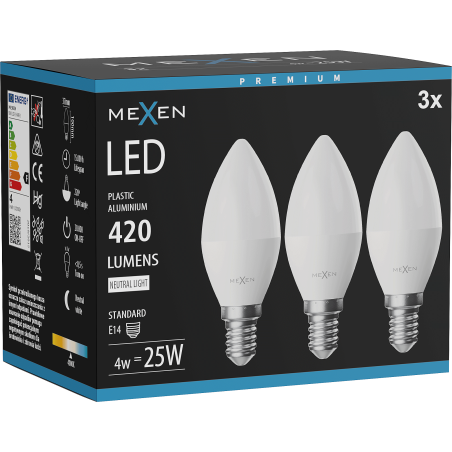 Mexen Nova 3x LED žárovka E14, C37, 4W, Neutrální - 4000K, 420 lm - L102-E14-0440-01x03