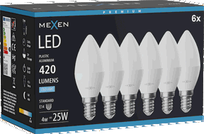 Mexen Nova 6x LED žárovka E14, C37, 4W, Studená - 6500K, 420 lm - L102-E14-0465-01x06