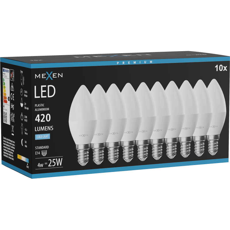Mexen Nova 10x LED žárovka E14, C37, 4W, Studená - 6500K, 420 lm - L102-E14-0465-01x10