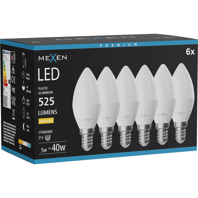 Mexen Nova 6x Žárovka LED E14, C37, 5W, Teplá - 3000K, 525 lm - L102-E14-0530-01x06