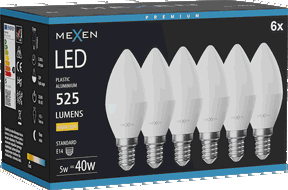 Mexen Nova 6x Žárovka LED E14, C37, 5W, Teplá - 3000K, 525 lm - L102-E14-0530-01x06