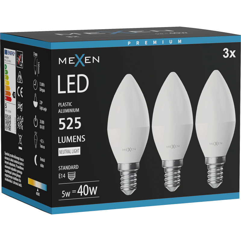 Mexen Nova 3x LED žárovka E14, C37, 5W, Neutrální - 4000K, 525 lm - L102-E14-0540-01x03