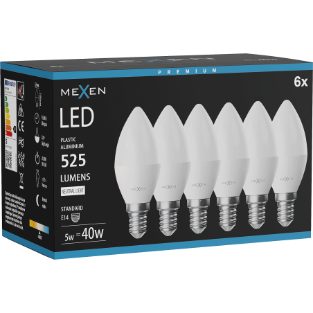 Mexen Nova 6x LED žárovka E14, C37, 5W, Neutrální - 4000K, 525 lm - L102-E14-0540-01x06