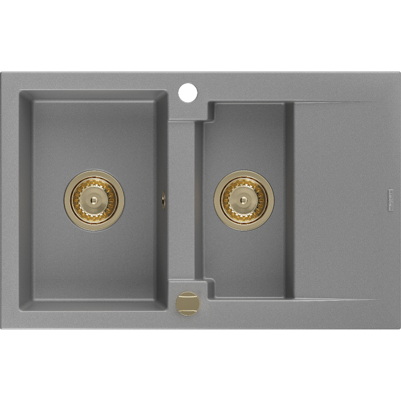 Mexen Gaspar granitový dřez 1,5-komorový s odkapávačem 737 x 475 mm, šedý, sifon zlatý - 6507731505-71-G