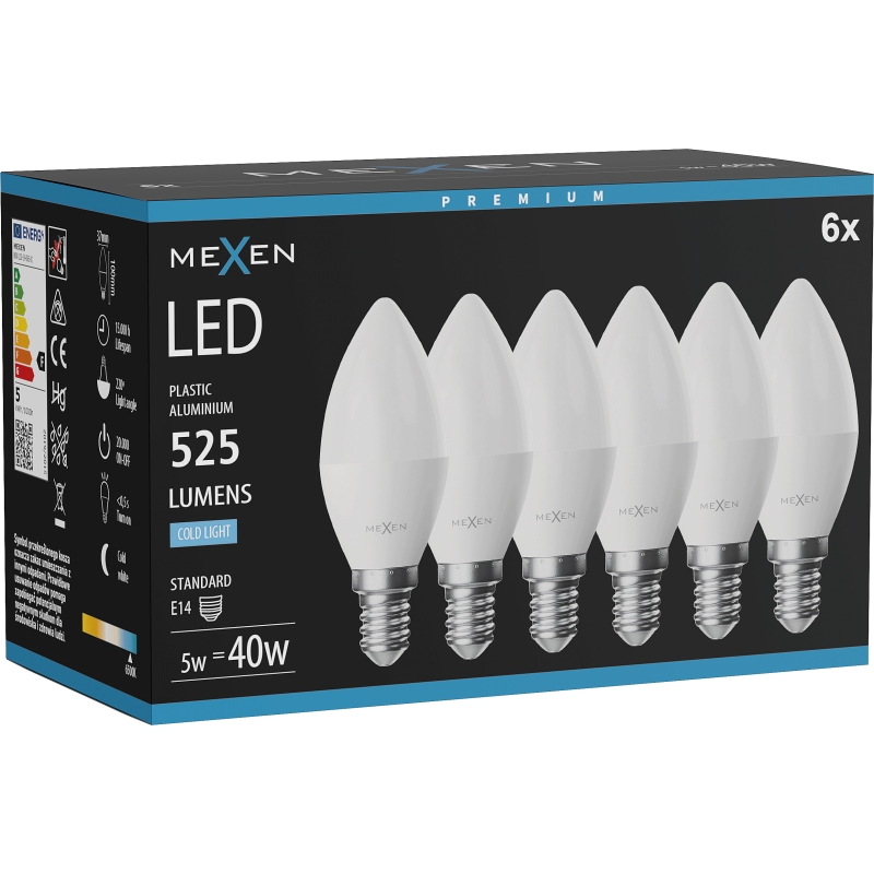 Mexen Nova 6x LED žárovka E14, C37, 5W, Studená - 6500K, 525 lm - L102-E14-0565-01x06
