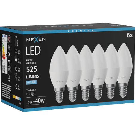 Mexen Nova 6x LED žárovka E14, C37, 5W, Studená - 6500K, 525 lm - L102-E14-0565-01x06
