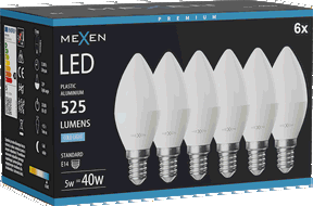 Mexen Nova 6x LED žárovka E14, C37, 5W, Studená - 6500K, 525 lm - L102-E14-0565-01x06