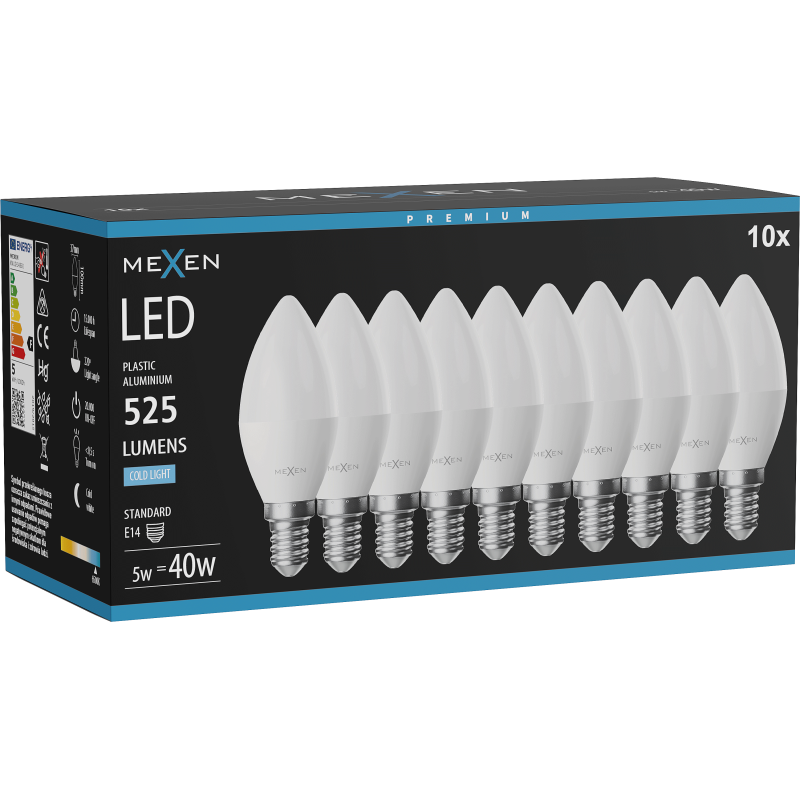 Mexen Nova 10x LED žárovka E14, C37, 5W, Studená - 6500K, 525 lm - L102-E14-0565-01x10