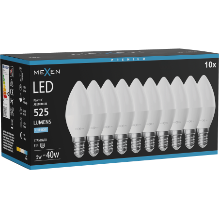 Mexen Nova 10x LED žárovka E14, C37, 5W, Studená - 6500K, 525 lm - L102-E14-0565-01x10