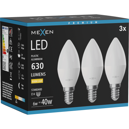 Mexen Nova 3x LED žárovka E14, C37, 6W, Teplá - 3000K, 630 lm - L102-E14-0630-01x03