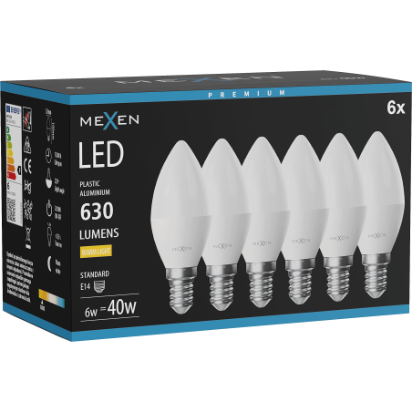 Mexen Nova 6x LED žárovka E14, C37, 6W, Teplá - 3000K, 630 lm - L102-E14-0630-01x06