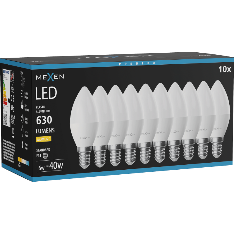 Mexen Nova 10x LED žárovka E14, C37, 6W, Teplá - 3000K, 630 lm - L102-E14-0630-01x10