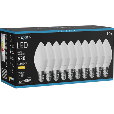 Mexen Nova 10x LED žárovka E14, C37, 6W, Teplá - 3000K, 630 lm - L102-E14-0630-01x10