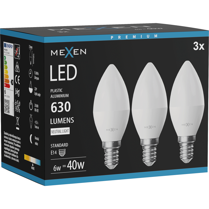 Mexen Nova 3x LED žárovka E14, C37, 6W, Neutrální - 4000K, 630 lm - L102-E14-0640-01x03