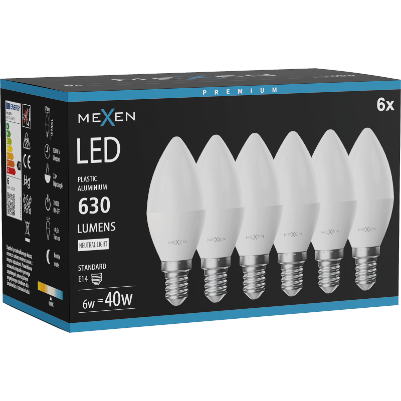 Mexen Nova 6x LED žárovka E14, C37, 6W, Neutrální - 4000K, 630 lm - L102-E14-0640-01x06