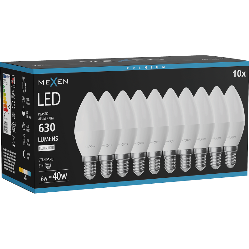 Mexen Nova 10x LED žárovka E14, C37, 6W, Neutrální - 4000K, 630 lm - L102-E14-0640-01x10