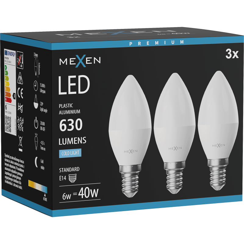 Mexen Nova 3x LED žárovka E14, C37, 6W, Studená - 6500K, 630 lm - L102-E14-0665-01x03
