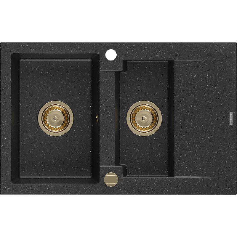 Mexen Gaspar granitový dřez 1,5-komorový s odkapávačem 737 x 475 mm, černý/stříbrný metalik, zlatý sifon - 6507731505-73-G