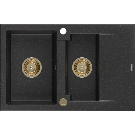 Mexen Gaspar granitový dřez 1,5-komorový s odkapávačem 737 x 475 mm, černý/stříbrný metalik, zlatý sifon - 6507731505-73-G