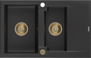 Mexen Gaspar granitový dřez 1,5-komorový s odkapávačem 737 x 475 mm, černý/stříbrný metalik, zlatý sifon - 6507731505-73-G