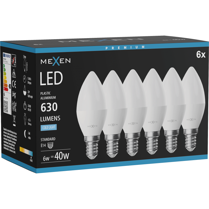 Mexen Nova 6x LED žárovka E14, C37, 6W, Studená - 6500K, 630 lm - L102-E14-0665-01x06