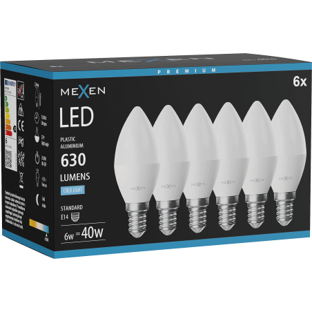 Mexen Nova 6x LED žárovka E14, C37, 6W, Studená - 6500K, 630 lm - L102-E14-0665-01x06