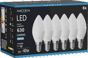 Mexen Nova 6x LED žárovka E14, C37, 6W, Studená - 6500K, 630 lm - L102-E14-0665-01x06