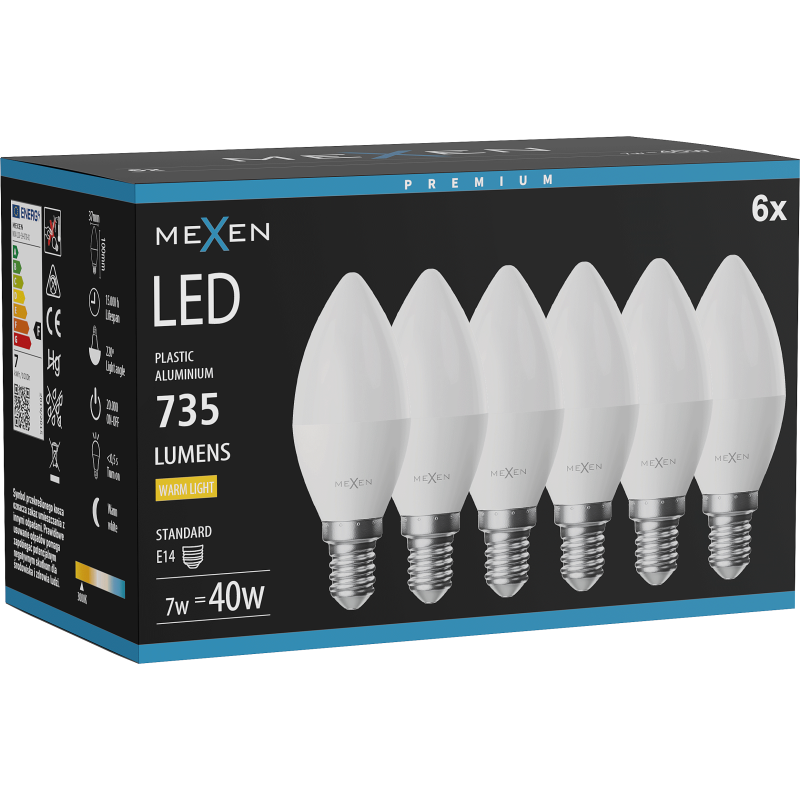 Mexen Nova 6x Žárovka LED E14, C37, 7W, Teplá - 3000K, 735 lm - L102-E14-0730-01x06
