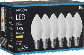 Mexen Nova 6x Žárovka LED E14, C37, 7W, Teplá - 3000K, 735 lm - L102-E14-0730-01x06