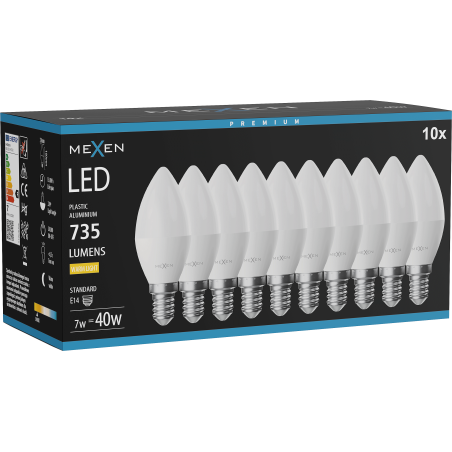 Mexen Nova 10x LED žárovka E14, C37, 7W, Teplá - 3000K, 735 lm - L102-E14-0730-01x10