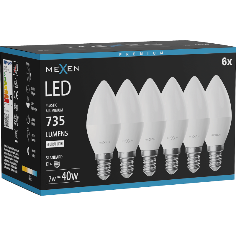 Mexen Nova 6x LED žárovka E14, C37, 7W, Neutrální - 4000K, 735 lm - L102-E14-0740-01x06