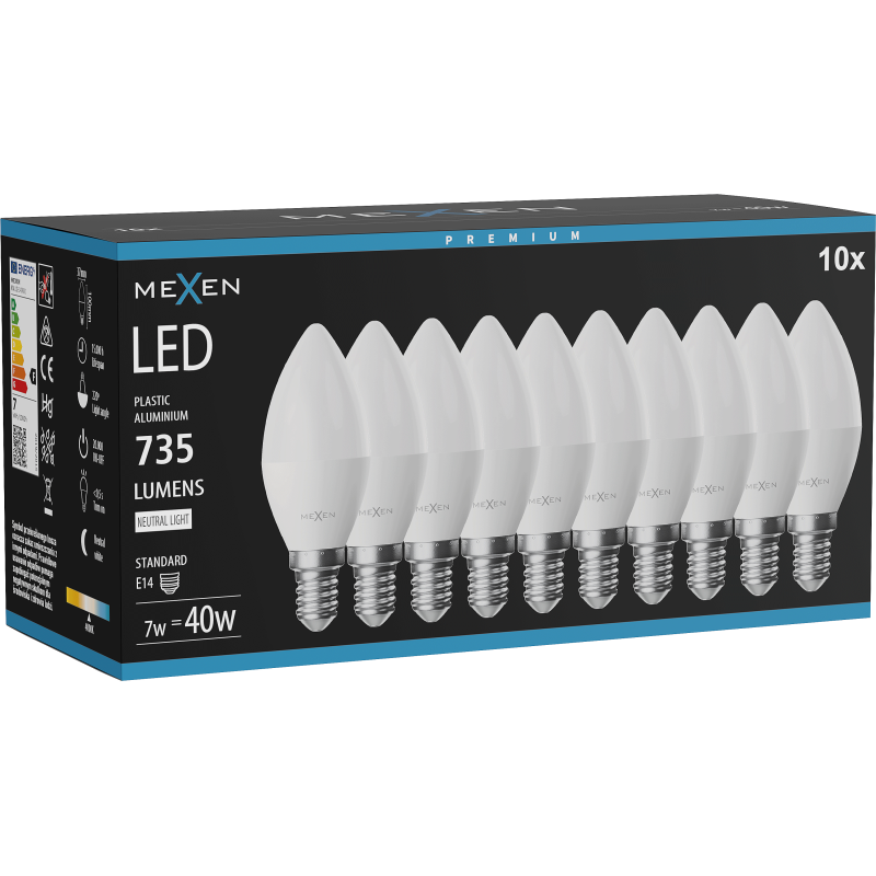 Mexen Nova 10x LED žárovka E14, C37, 7W, Neutrální - 4000K, 735 lm - L102-E14-0740-01x10