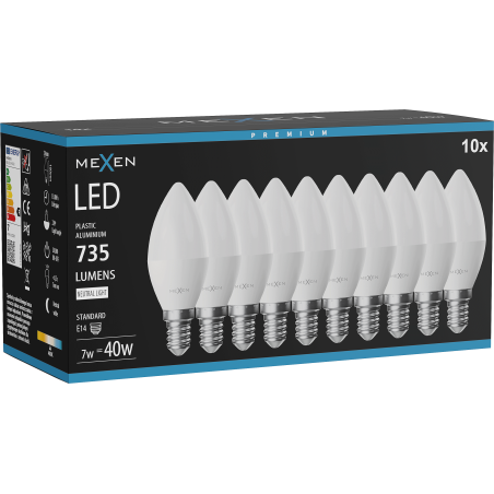 Mexen Nova 10x LED žárovka E14, C37, 7W, Neutrální - 4000K, 735 lm - L102-E14-0740-01x10
