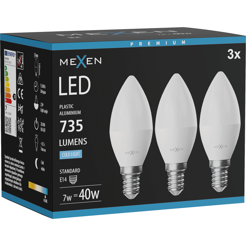 Mexen Nova 3x LED žárovka E14, C37, 7W, Studená - 6500K, 735 lm - L102-E14-0765-01x03