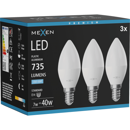 Mexen Nova 3x LED žárovka E14, C37, 7W, Studená - 6500K, 735 lm - L102-E14-0765-01x03